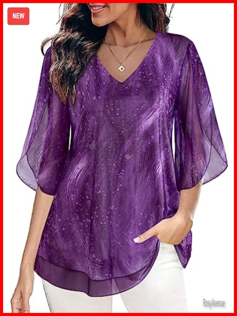 Womens Ruffle 3/4 Sleeve Mesh Blouse Loose Flowy Stretchy Tunic Top